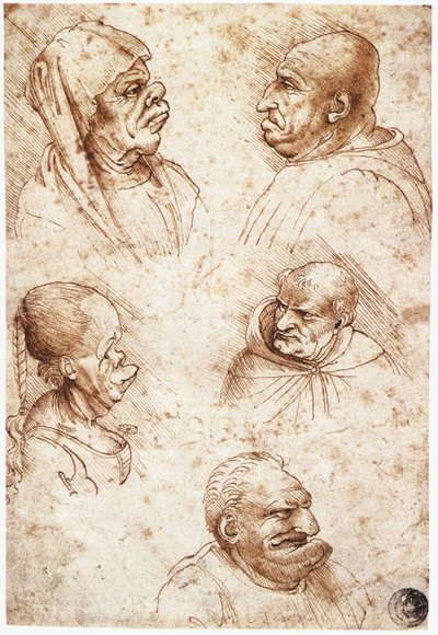 Five caricature heads by Leonardo da Vinci